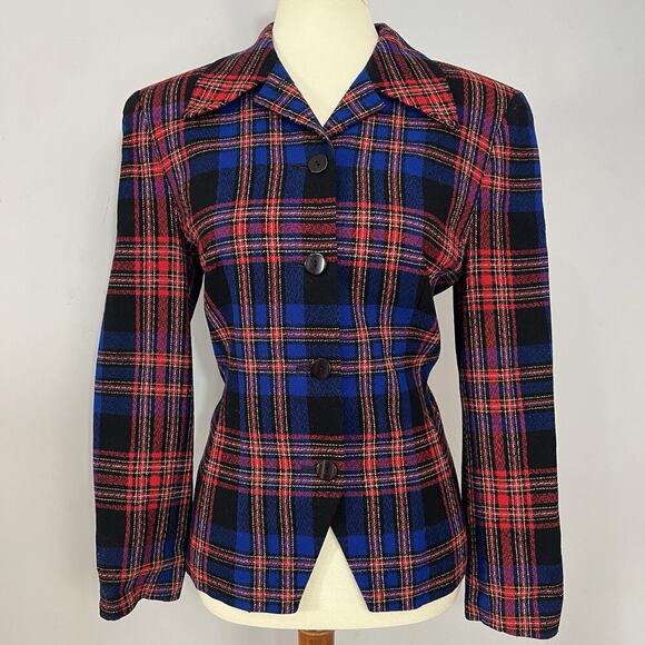 Pendleton Vintage Wool Blazer Blue Plaid Sz 8 Two Button Jacket Preppy Academia - Picture 1 of 10